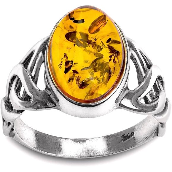 Honey Amber Sterling Silver Celtic Ring Women Size 8 Gemstone Jewelry Gift